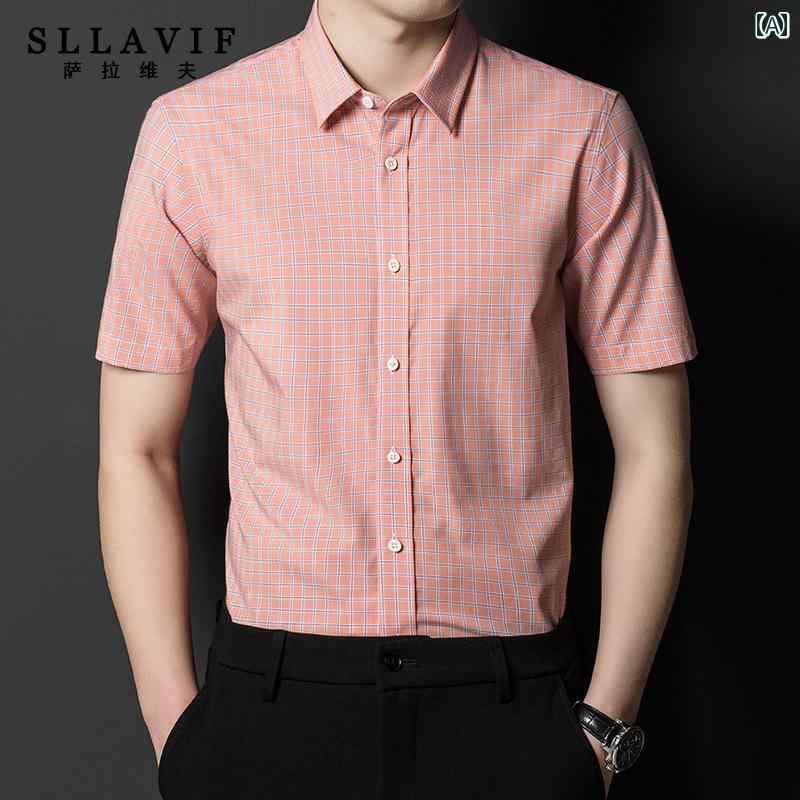 シャツ メンズ 半袖 夏 おしゃれ ポインテッドカラー 薄手 ノーアイロン ビジネス カジュアル シンプル チェック柄 オレンジ 青 大きいサイズ