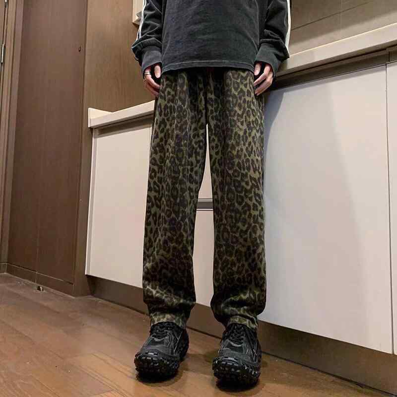 ヒョウ柄 パンツ メンズ 秋 レトロ アメリカン デニム ボトムス ワイドレッグス ストレート 大きいサイズ ゆったり カジュアル ストリート レオパード