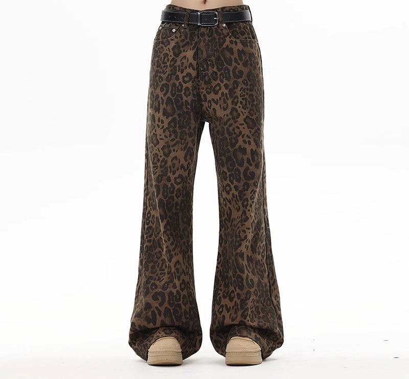 ヒョウ柄 パンツ 夏 レディース ボトムス 長ズボン ヴィンテージ風 デニム ストレート ワイドレッグ 大きいサイズ ゆったり スリム プリント カジュアル ストリート レオパード