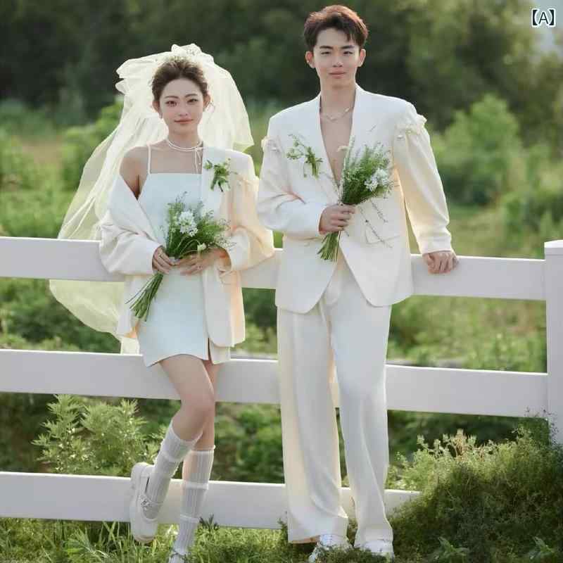 男女 ペア セットアップ 衣装 韓国 写真 ウェディング スタジオ カップル スーツ ストリート ヒップホップ アート レディース メンズ 結婚式 ジャケット パンツ かっこいい 白 ピンク 青