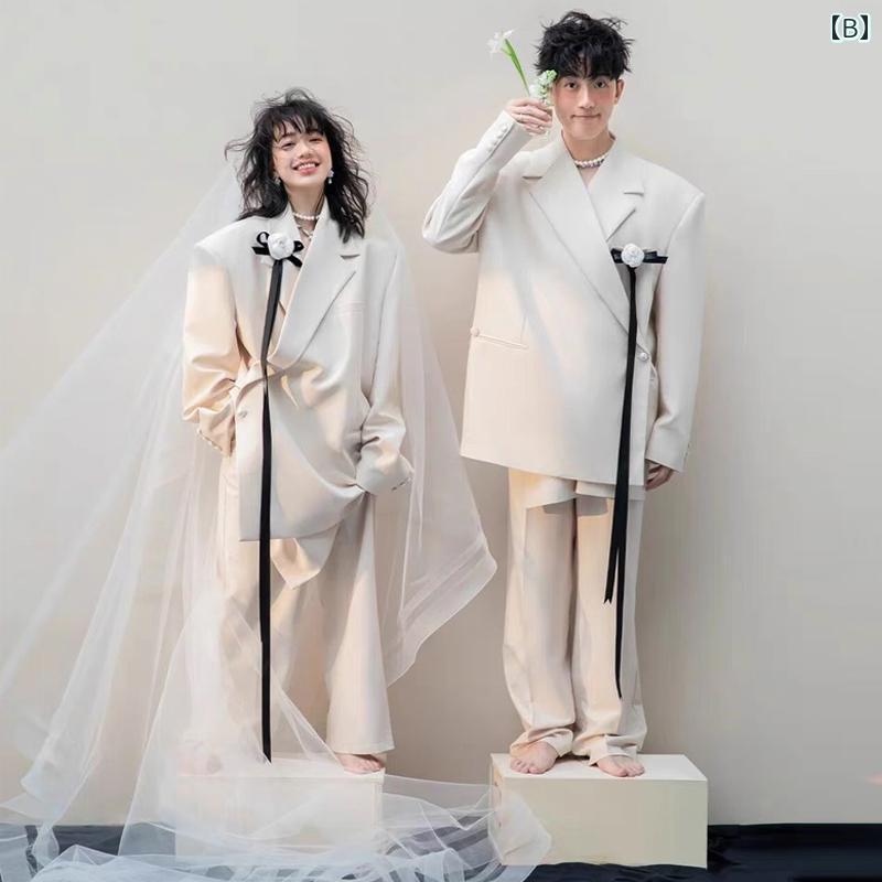 男女 ペア セットアップ 衣装 韓国 写真 ウェディング スタジオ カップル スーツ ストリート ヒップホップ アート レディース メンズ 結婚式 ジャケット パンツ かっこいい 白 ピンク 青