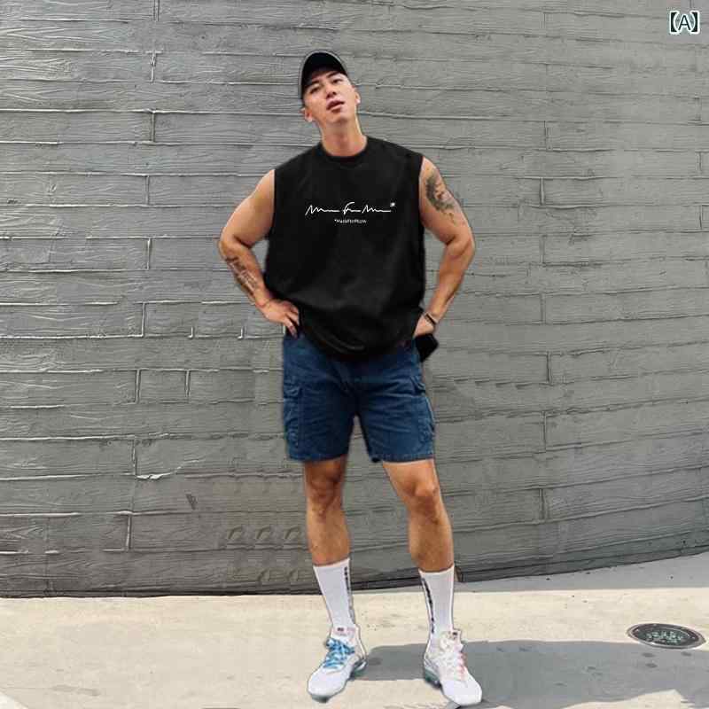 マッチョ タンクトップ メンズ 春夏 綿 トップス ノースリーブ Tシャツ ラウンドネック プルオーバー ゆったり スポーツ アメリカン カジュアル 黒 白 大きいサイズ