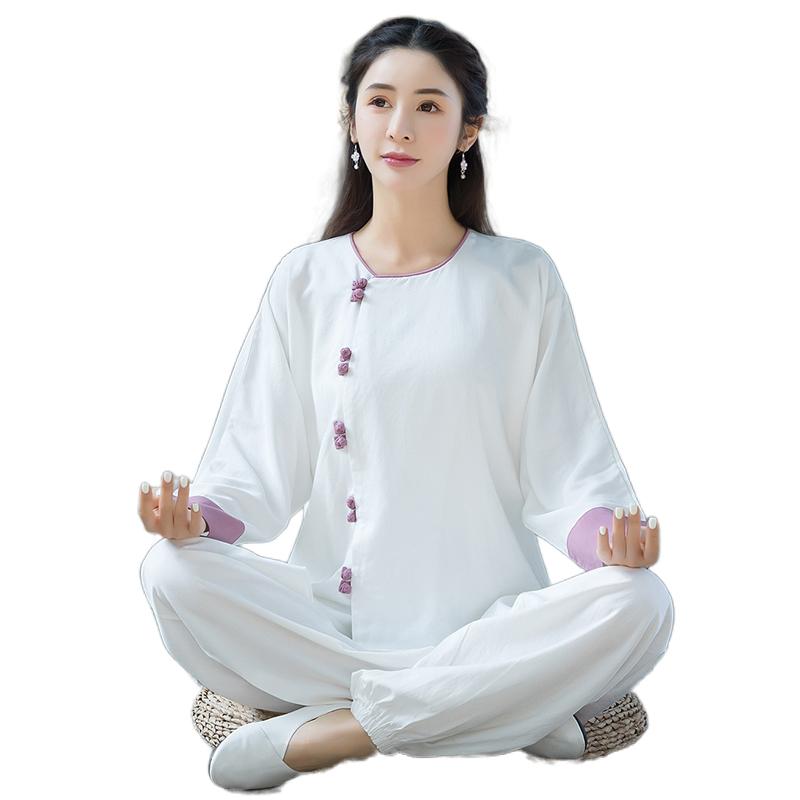 太極拳 服 レディース トップス チャイナ風 綿 リネン 長袖 裾絞り パンツ 上下 セット レトロ 動きやすい 大きいサイズ シンプル 白 紫