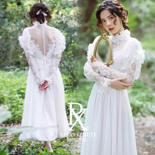 ウェディングドレス 写真 フォト スタジオ 衣装 レディース 結婚式 レトロ レース フリル リボン スタンドカラー 長袖 白 エレガント おしゃれ ウェディングドレス 写真 フォト スタジオ 衣装 レディース 結婚式 レトロ レース フリル リボン スタンドカラー 長袖 白 エレガント おしゃれ