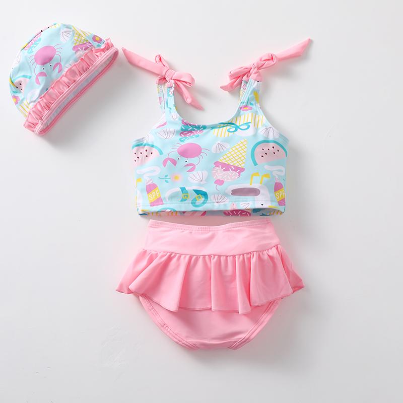 子供 水着 セパレート 女の子 ベビー タンキニ スイムキャップ 3点セット フリル リボン 肩ひも 調節可能 柔らかい 通気性 型崩れしにくい 水遊び ビーチ かわいい カニ 花 目玉焼き ピンク 緑 黒