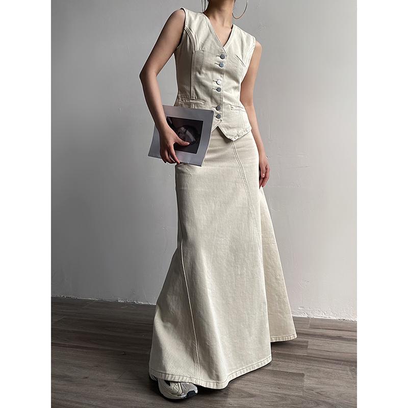 セットアップ レディース カジュアル おしゃれ アメリカン レトロ 夏 デニム ベスト ロングスカート