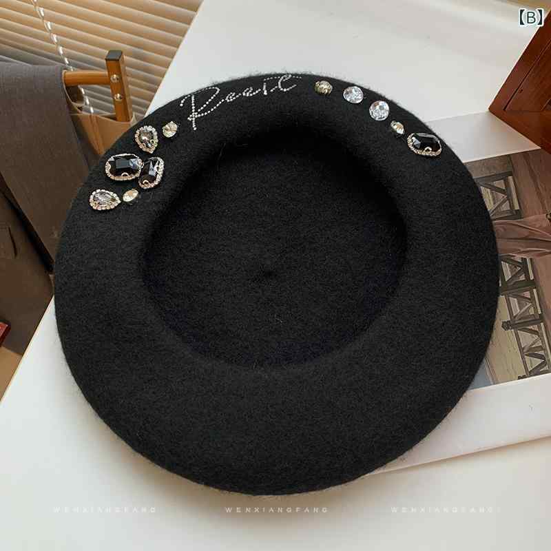 ベレー帽 レディース 秋冬 帽子 キャップ 小物 おしゃれ ウール 装飾 ラインストーン 英字 ピンク 黒 お出かけ ショッピング 旅行 韓国