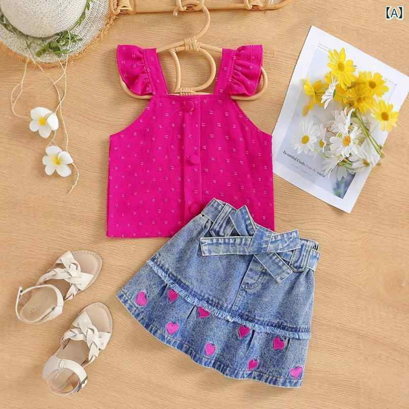セットアップ 女の子 キッズ 子供服 ブラウス トップス フリル袖 表面感 ハート 刺繍 デニムスカート ミニ丈 ウォッシュ加工 コットン 普段使い お出かけ 通学 春夏 ローズ ピンク かわいい おしゃれ カジュアル