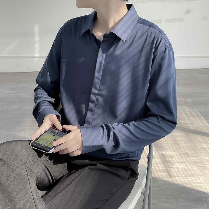 Casual Shirts - シャツ メンズ 長袖 秋 無地 ヴィンテージ風 ゆったり 垂れ感 開襟 ポインテッドカラー 大きいサイズ インナー カップル オフィス シンプル 白 黒 緑