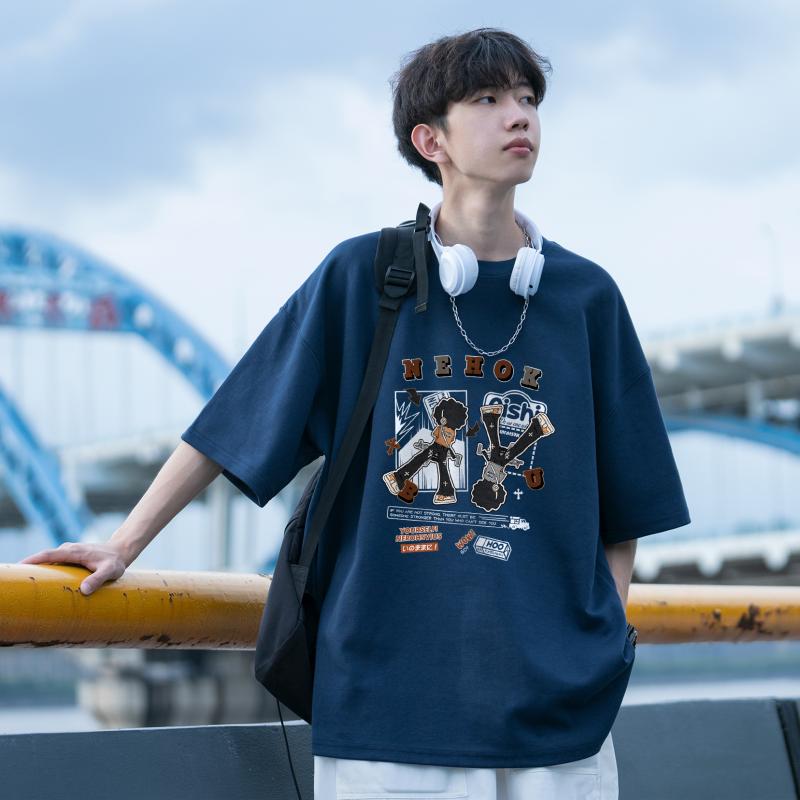 メンズ カジュアル ダークブルー カートゥーン プリント ヘビー コットン 半袖 夏 ルーズ Tシャツ