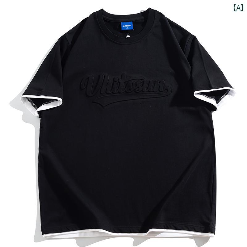 Tシャツ メンズ おしゃれ 大きいサイズ 重ね着風 立体エンボス加工 凹凸 半袖 綿 ゆったり 夏