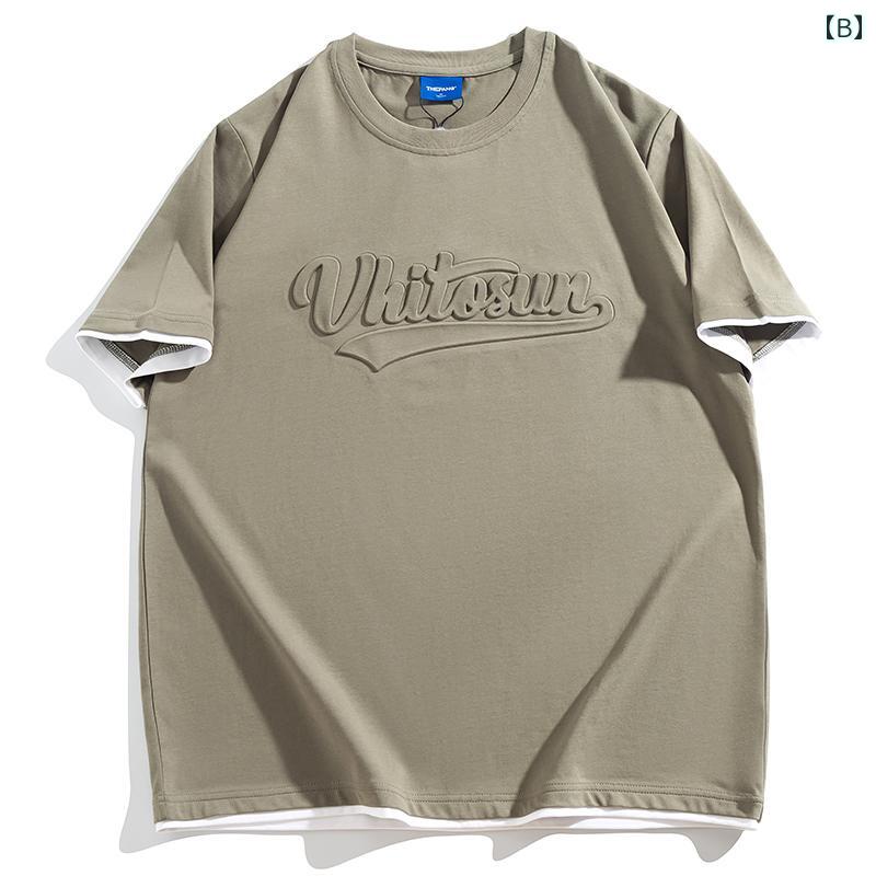 Tシャツ メンズ おしゃれ 大きいサイズ 重ね着風 立体エンボス加工 凹凸 半袖 綿 ゆったり 夏