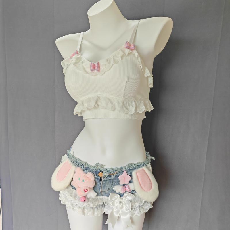 Nylon, Rayon, Polyester - デニム ショートパンツ レディース ローライズ 可愛い 辛口系 フリル 姫系 ガーリー うさ耳 くま 星 りぼん スイート