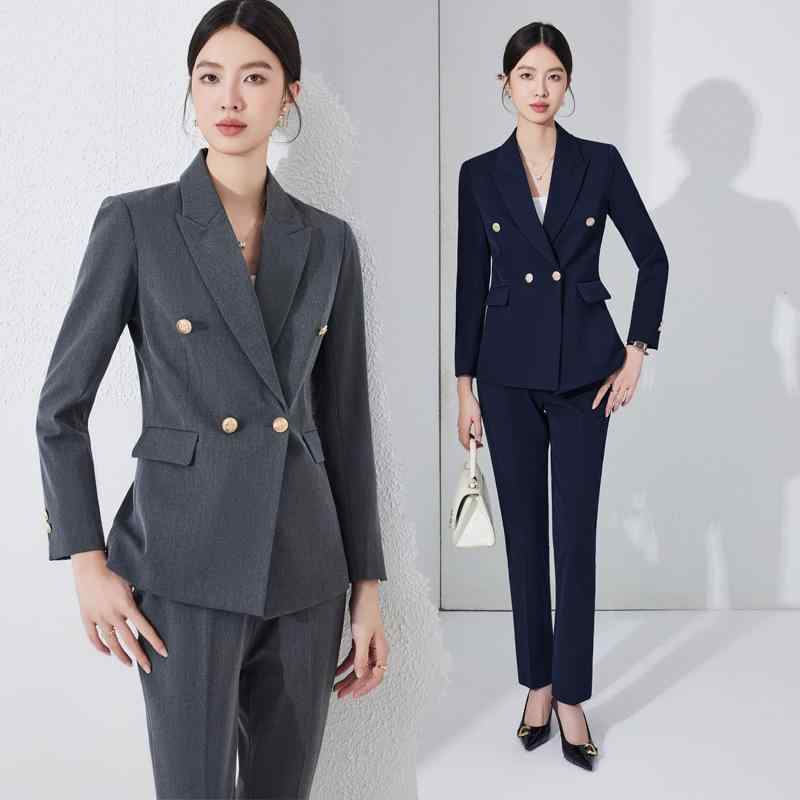 Ceremonial, Mourning - テーラードジャケット レディース セットアップ スーツ 事務服 通勤 面接 オフィス フォーマル 春秋 高級感 きれいめ 上品 ポリエステル 無地 長袖 ロングパンツ ブラック ダークグレー ネイビー