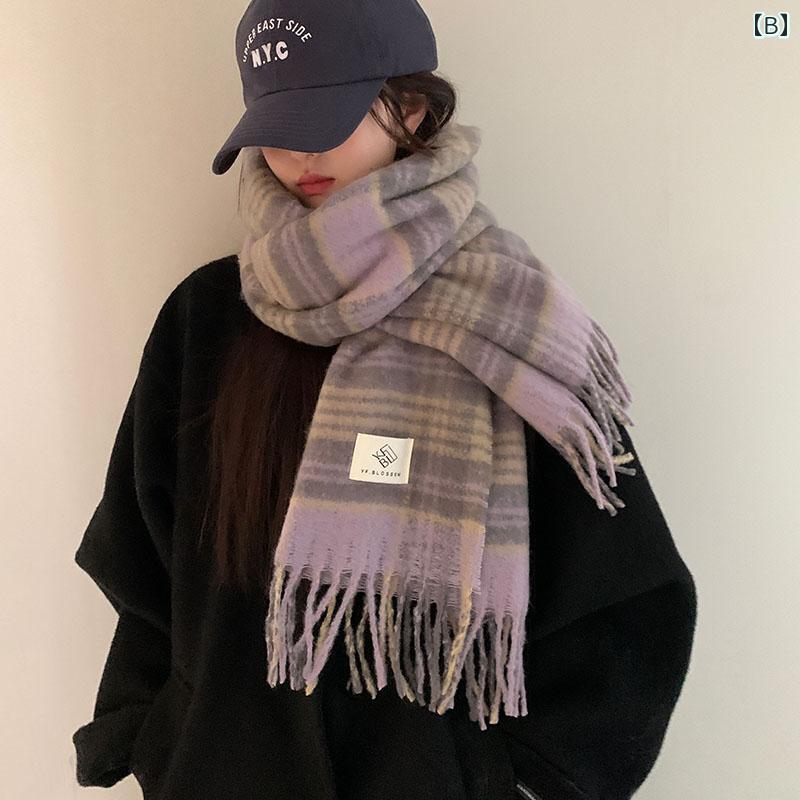 マフラー かわいい レディース 女性 韓国 春秋 暖かい 厚手 防寒 保温 ショール カジュアル 普段使い 通勤 ポリエステル 繊維 青 ピンク 緑 チェック 柄 フリンジ