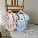 ベビー 女の子 セットアップ 韓国 春夏 綿 トップス 半袖 ラウンドネック ボタン うさぎ 耳 かぼちゃパンツ ショート 薄手 かわいい ストライプ 青 ピンク ギフト 出産祝い