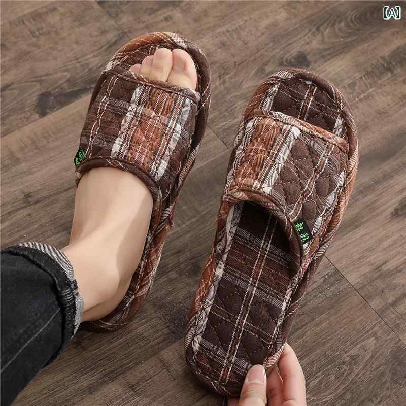 Front Vacancy Slippers - スリッパ 室内 家庭用 リビング メンズ レディース カップル 大人 静音 洗濯可能 布底 綿 オープントゥ ソフトソール チェック柄 ピンク 赤 黒