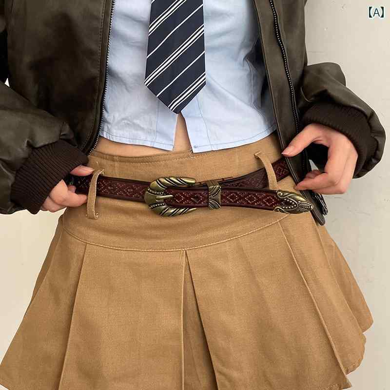 レディース 細い ベルト PUレザー アメリカン ヴィンテージ風 合金 ピンバックル デニム パンツ スカート ウエストマーク 引き締め おしゃれ 茶