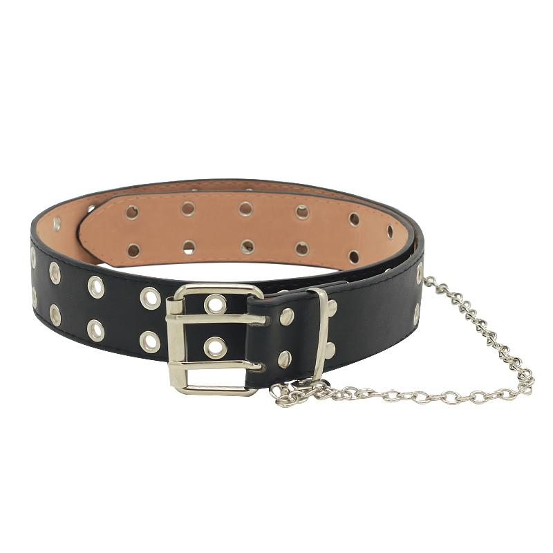 ベルト レディース ジーンズ おしゃれ 太め PUレザー 合金 ダブル ピンバックル チェーン付き 幅広 パ..