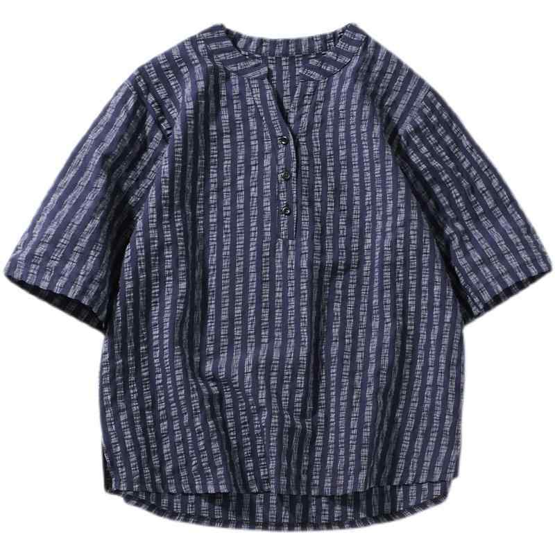 Tシャツ メンズ おしゃれ 中国風 リネン 半袖 綿麻混紡 夏 軽量 スタンドカラー ゆったり ストライプ柄