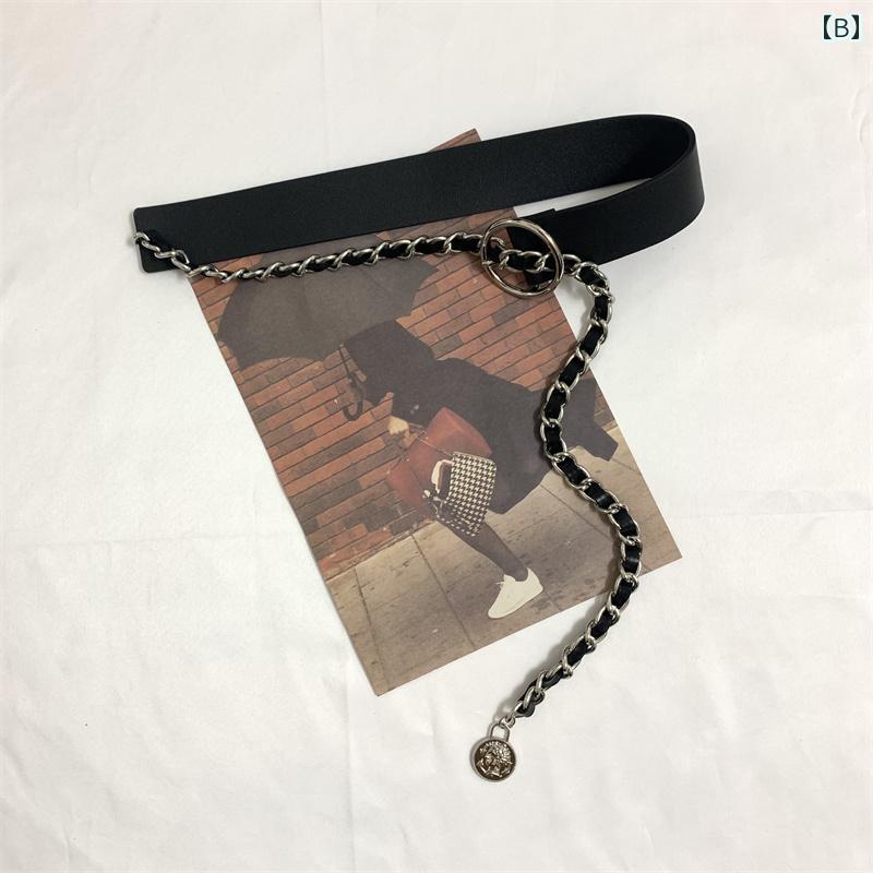 ベルト レディース ジーンズ PUレザー 編み込み チェーン 合金 バックル 調節可能 おしゃれ ワンピース スカート ウエストマーク 装飾 小物 個性的 黒 ゴールド シルバー