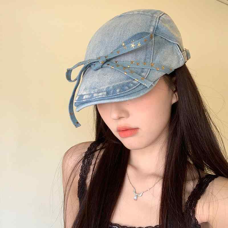 キャスケット レディース 大人 春夏 韓国 レトロ 大きいサイズ 小顔効果 普段使い 外出用 画家 デニム リボン カジュアル シンプル おしゃれ 青 黒