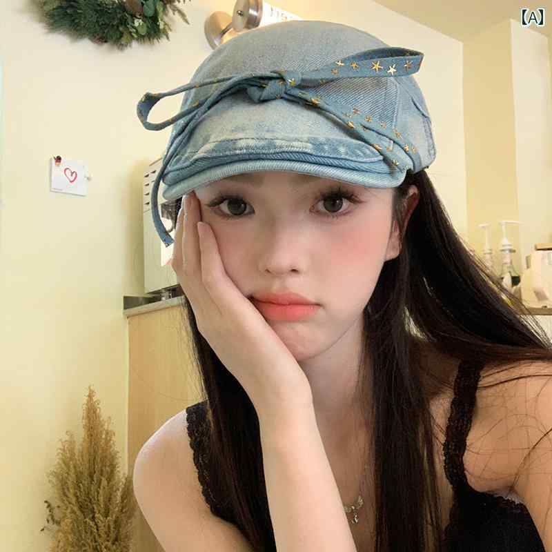 キャスケット レディース 大人 春夏 韓国 レトロ 大きいサイズ 小顔効果 普段使い 外出用 画家 デニム リボン カジュアル シンプル おしゃれ 青 黒