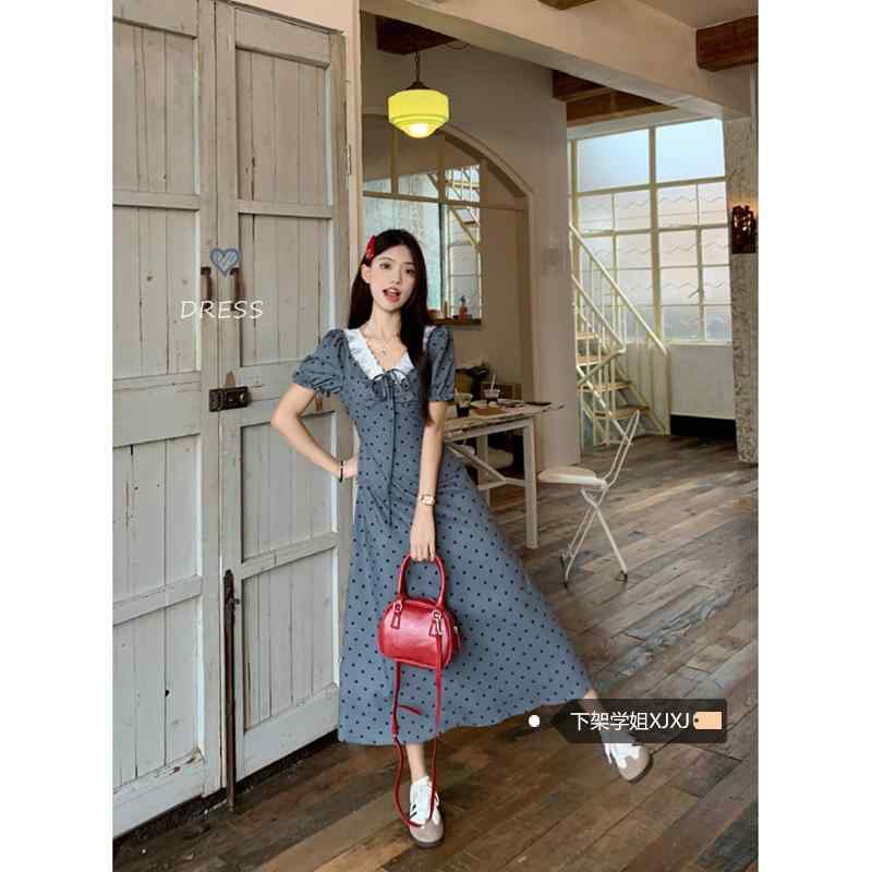 ワンピース ロング 夏 レディース おしゃれ 体型カバー グレー レトロ 水玉 ドット ドット パフスリーブ 女性 ウエスト Aライン スリム レースアップ スカート