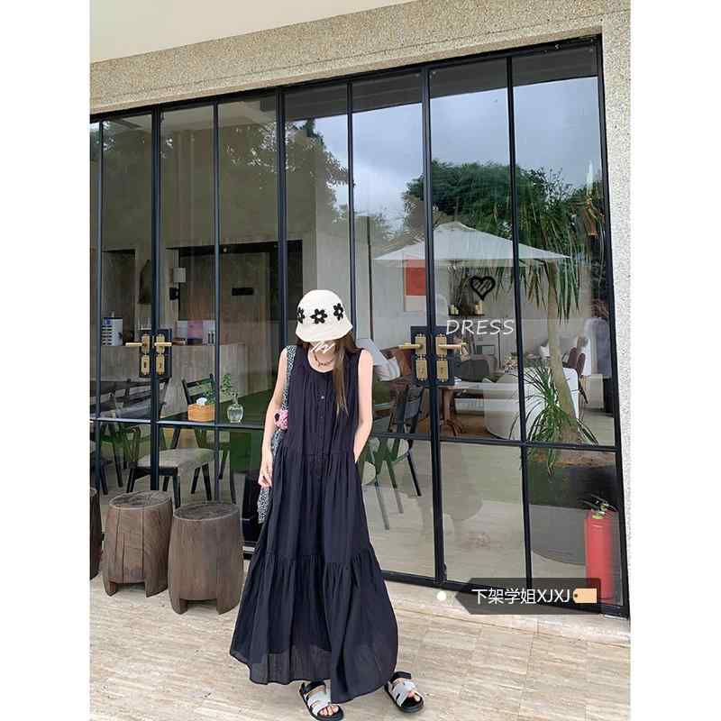 ワンピース ロング 夏 レディース おしゃれ 体型カバー テクスチャー ド ノースリーブ ボタン 女性 ルーズ シーサイドリゾート スカート