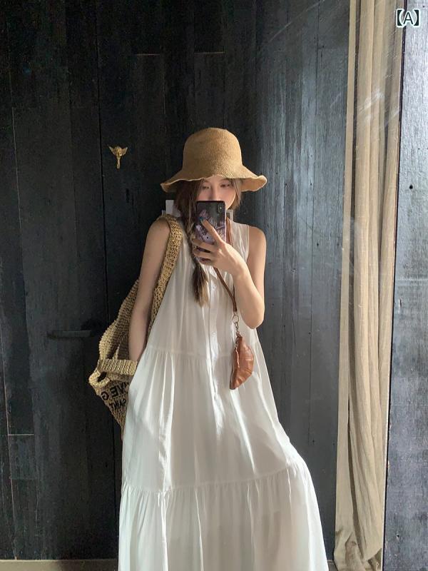 ワンピース ロング 夏 レディース おしゃれ 体型カバー テクスチャー ド ノースリーブ ボタン 女性 ルーズ シーサイドリゾート スカート