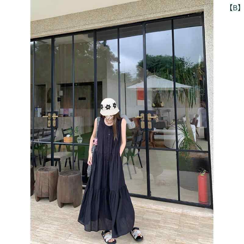 ワンピース ロング 夏 レディース おしゃれ 体型カバー テクスチャー ド ノースリーブ ボタン 女性 ルーズ シーサイドリゾート スカート