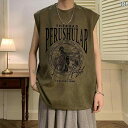 タンクトップ メンズ おしゃれ ストリート 風 フェイクスエード ノースリーブ Tシャツ ビッグシルエット 小さめネック ロゴプリント カジュアル