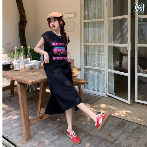 ワンピース ロング 夏 レディース おしゃれ 体型カバー 韓国 シック 多用途 アメカジ プリント ノースリーブ Tシャツ 女性 ルーズ スリム スカート