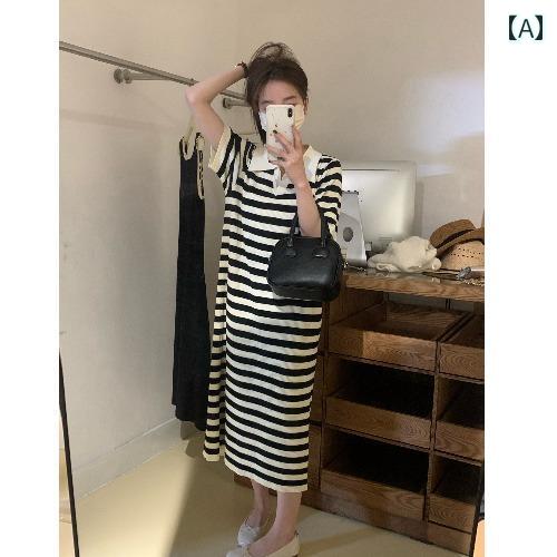 ワンピース ロング 夏 レディース おしゃれ 体型カバー ストライプ ポロ カラー 半袖 女性 ストレート スカート ルーズ カジュアル ニット スカート