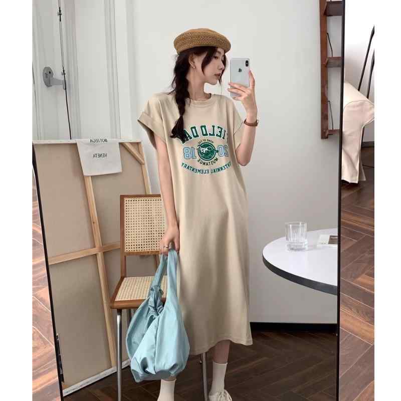 ワンピース ロング 夏 レディース おしゃれ 体型カバー 韓国 ゆったり カール レター プリントノースリーブ Tシャツ 女性 スリット