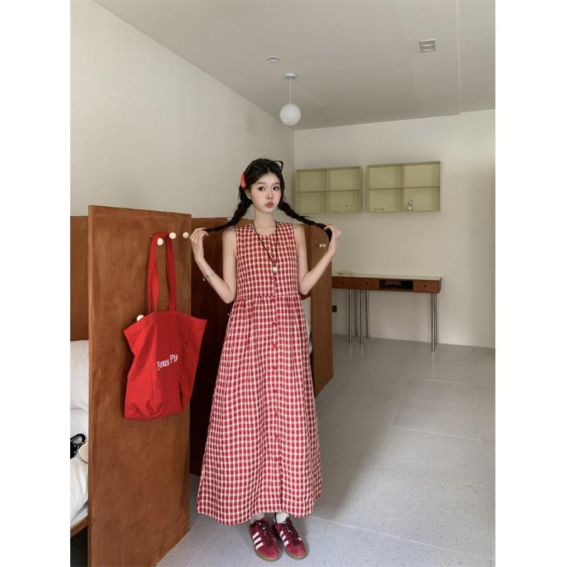 ワンピース ロング 夏 レディース おしゃれ 体型カバー 甘い スパイシー 赤 チェック 柄 ノースリーブノースリーブ 女性 ルーズ シングルブレスト スカート