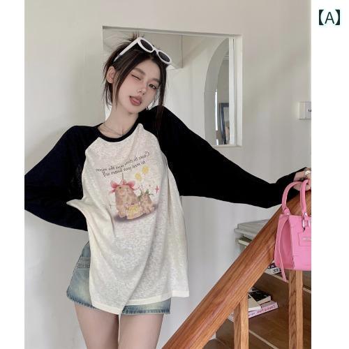 tシャツ レディース おしゃれ カジュアル ウサギ プリント コントラスト カラー ラグラン 長袖 ロンt 女性 夏 薄手 ニッチ ルーズ ゆったり 着痩せ 日焼け防止 シャツ トップス