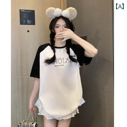 Print - tシャツ レディース おしゃれ カジュアル レトロ ステッチ コントラスト ラグラン 半袖 女性 夏 ルーズ ゆったり レター プリント ロング丈 トップス