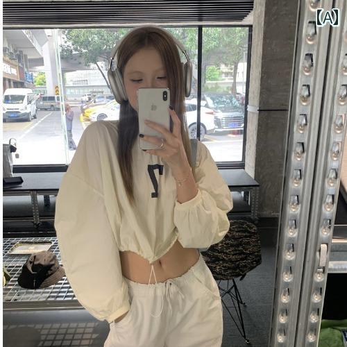 tシャツ レディース おしゃれ カジュアル アメカジ レトロ プリント 薄手 日焼け防止 女性 夏 ショート 巾着 長袖 スポーツ ハイウエスト トップス