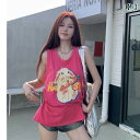 tシャツ レディース おしゃれ カジュアル プリント ドラゴンフルーツ カラー ノースリーブ 女性 夏 アウター ルーズ ゆったり シック チョッキ 甘い スパイシー トップス