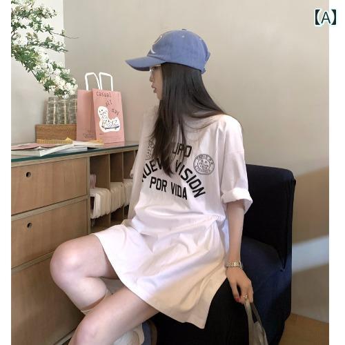 tシャツ レディース おしゃれ カジュアル 韓国 シンプル 文字 プリント 綿 春夏 女性用 下半身が 欠けた した ミドル 丈 トップス