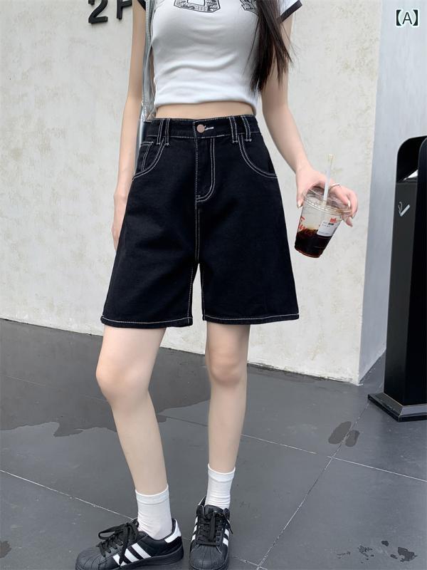 Short Pants - ショートパンツ レディース 夏 カジュアル おしゃれ 女性用 ブラック ウォッシュ ワイドレッグ デニム ハイウエスト ハーフ