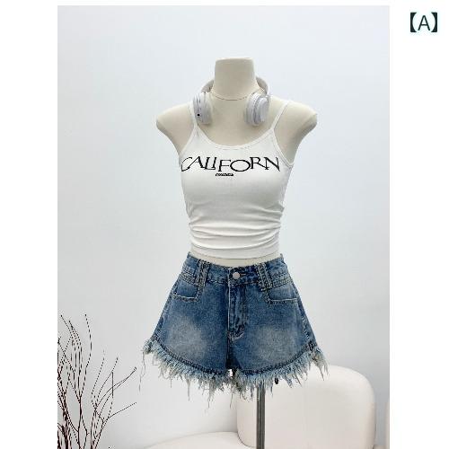 Nylon, Rayon, Polyester - ショートパンツ レディース 夏 カジュアル おしゃれ 女性用 ウォッシュ ホワイト ロー エッジ ジーンズ ニッチ ハイウエスト 多用途 ホットパンツガール ワイドレッグ ショーパン