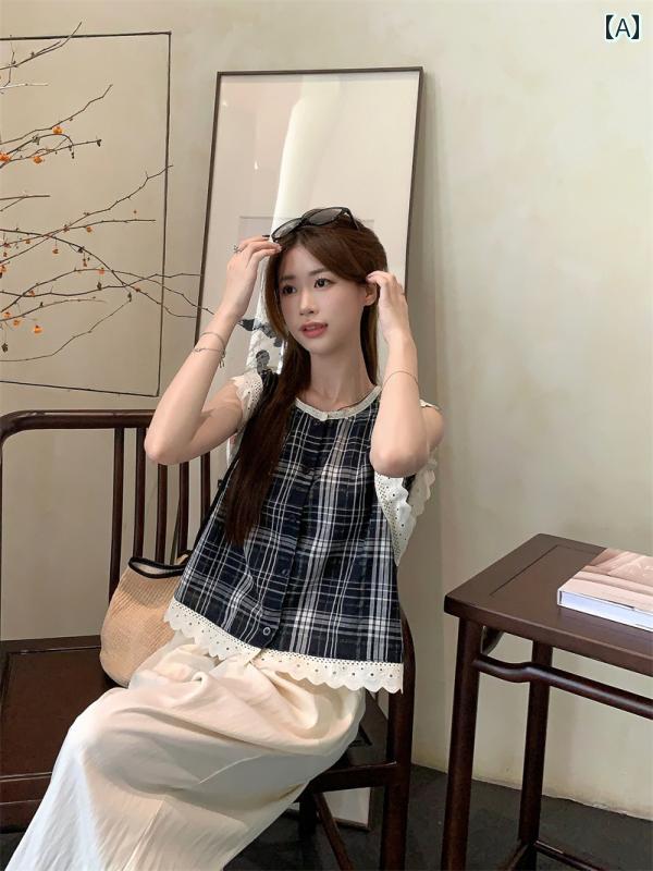 レディース 夏服 トップス かわいい カットソー レトロ パターン コントラスト レース ノースリーブ 女性 韓国 ボタン