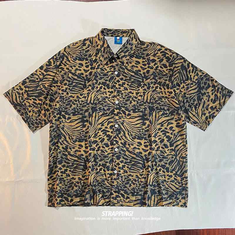メンズ シャツ 半袖 シングルブレスト ボタン 襟 大きいサイズ ゆったり レトロ 大人 レディース カップル 夏 薄手 カジュアル おしゃれ ヒョウ柄 黄 黒