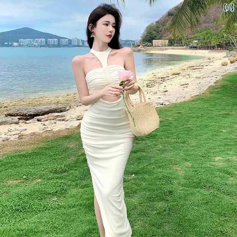 カクテルドレス レディース サテン フレンチ ベアトップ ホルターネック スリムフィット タイト ミモレ丈 夏 薄手 スリット セクシー パーティー 白