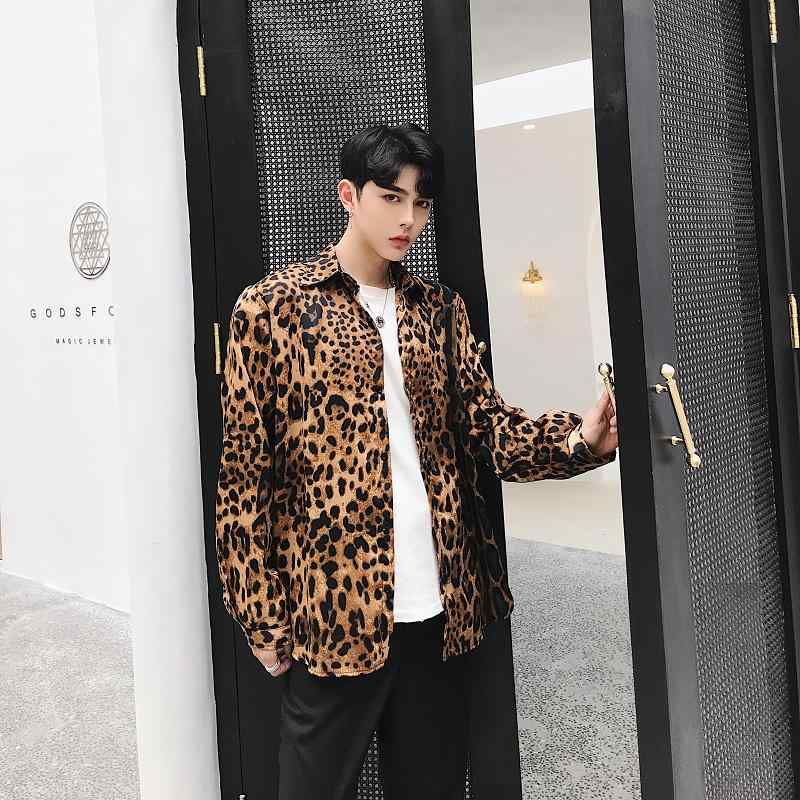 ヒョウ柄 シャツ ナイトクラブ メンズ 長袖 春夏 セクシー 韓国 ゆったり カジュアル 襟付き ストリート パーティー 普段使い トップス