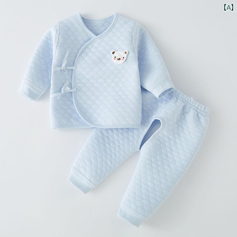 ベビー服 新生児 秋冬 セットアップ 短肌着 前開き ズボン ウエストゴム 保温 出産祝い プレゼント シンプル かわいい 青 黄 緑 クマ