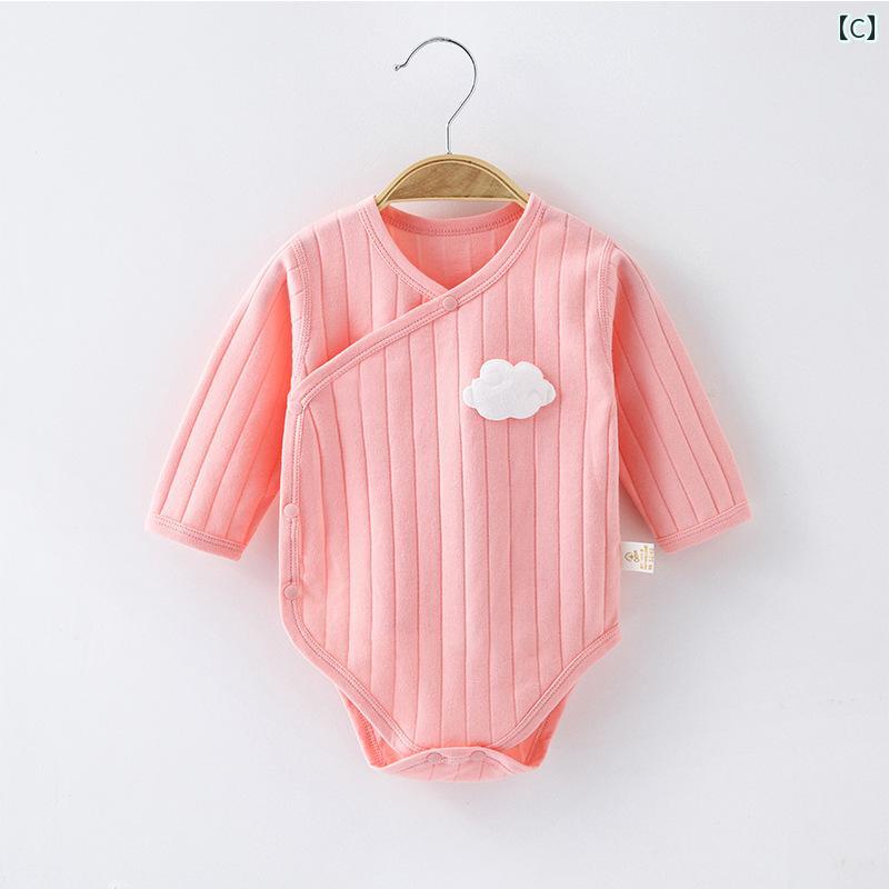 ベビー服 新生児 春秋 綿 インナー ロンパース 前開き 通気性 柔らかい アップリケ 出産祝い プレゼント シンプル かわいい 青 緑 ピンク 雲 リンゴ 3