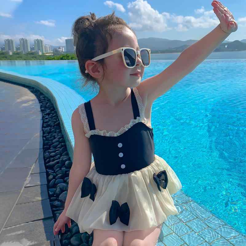 水着 女の子 ワンピース 韓国 夏 子供 ベビー かわいい プリンセス風 ふんわり スカート 帽子付き プール ビーチ リゾート リボン レース 黒